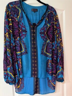 Hale Bob 100% Silk Paisley Tunic Blouse Small Blue Purple Beaded Boho Top